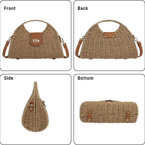 Women Straw Beach Bag Handmade Woven Crossbody Shoulder Bags Top Handle Satchel - Picture 2 of 7